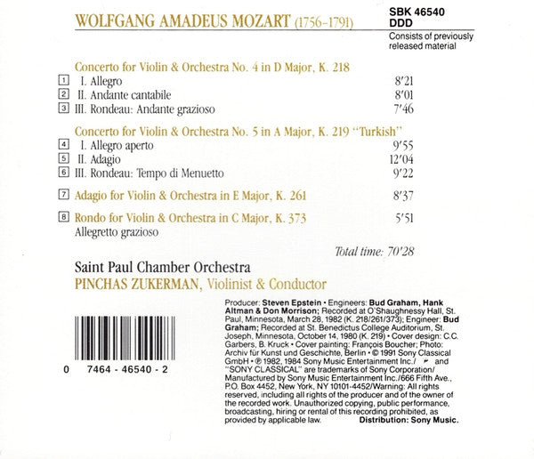 Mozart, Pinchas Zukerman, Saint Paul Chamber Orchestra - Violin Concertos No. 4 & 5 (Used CD) - Mad World Records